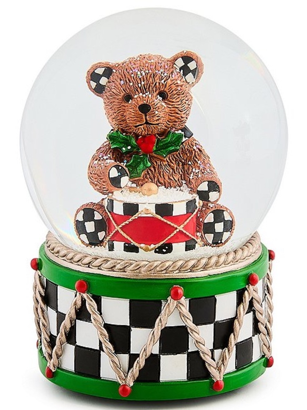 MacKenzie Childs Holly Bear Snow Globe Christmas Teddy Bear Courtly Check New